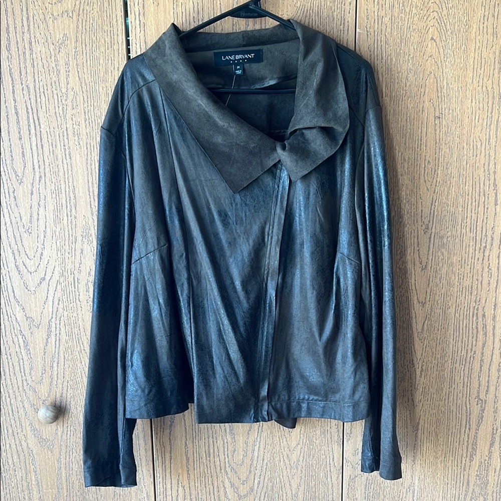NWT Lane Bryant Faux Suede Jacket Size 24 Olive Green Distressed Open Front